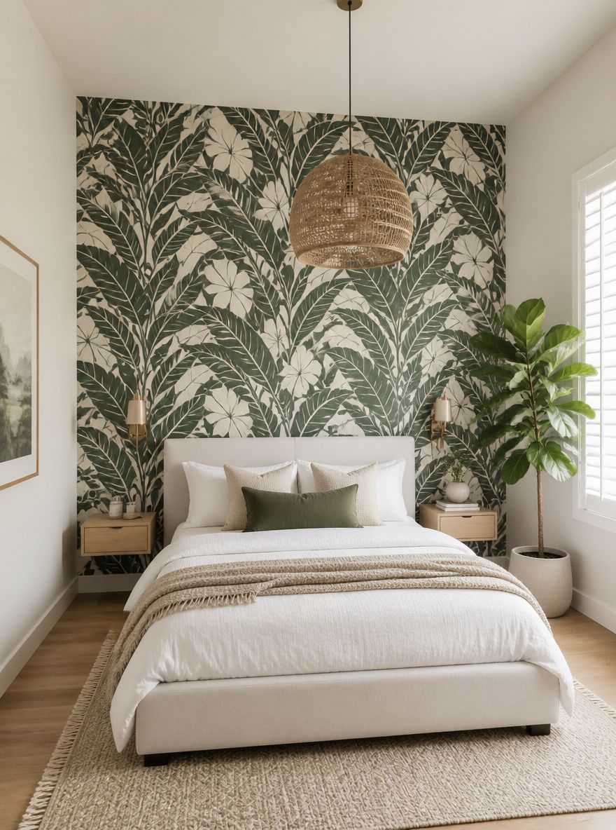 Pared acento con papel tapiz botánico y lámpara colgante de mimbre