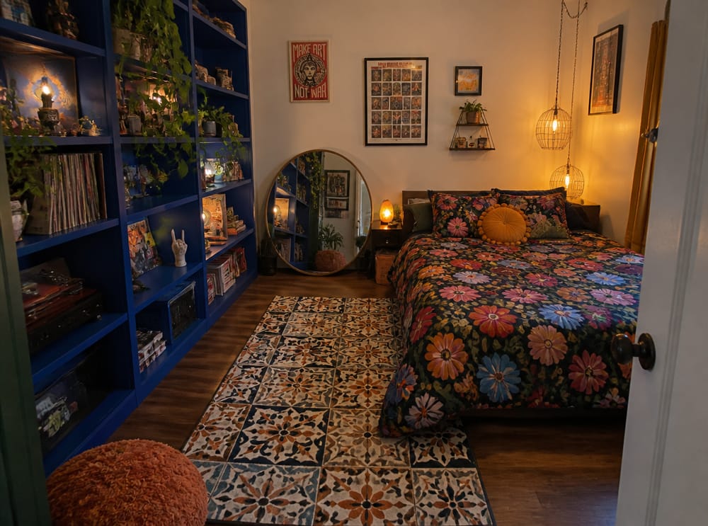 Pared con estanterías abiertas en azul cobalto junto a ropa de cama en tonos joya