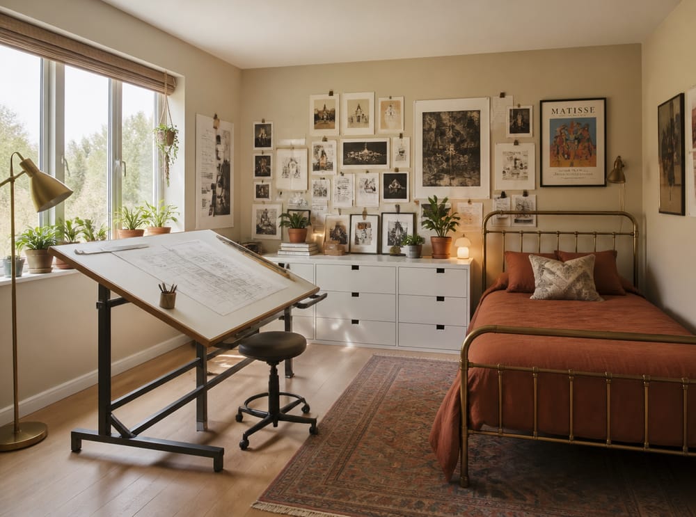 Mesa de dibujo cerca de ventana y pared con mood board