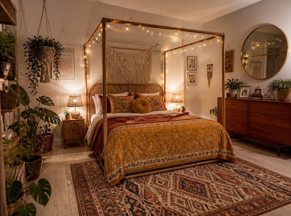 Cama con dosel de ratán, tapiz de macramé y alfombra kilim