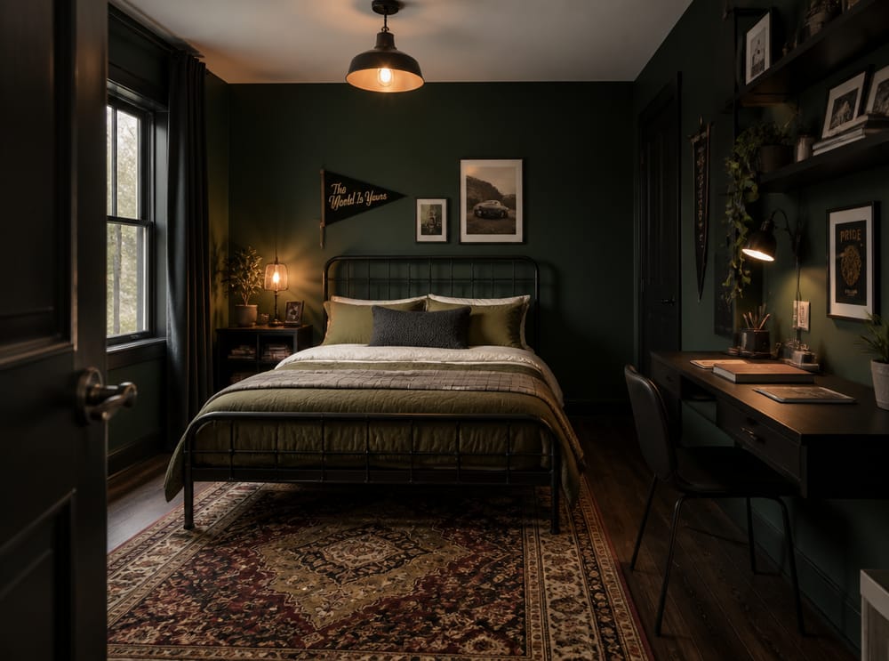 Paredes verde oscuro, cama de metal negro y alfombra vintage