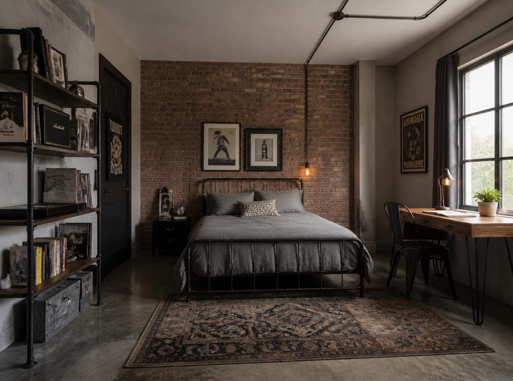 Pared de ladrillo expuesto, estructura de cama de acero y repisas de tubo