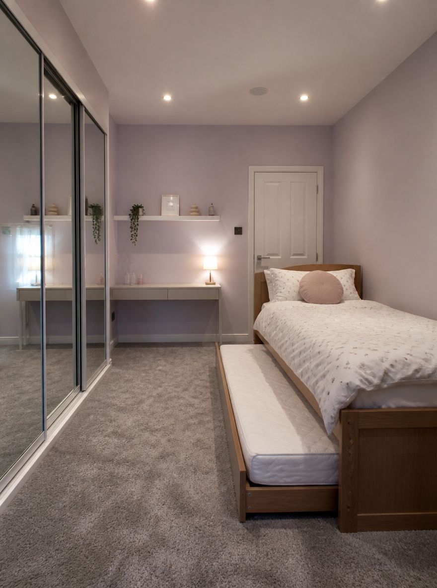 Cama nido cerca de la entrada, armario espejado que refleja la luz