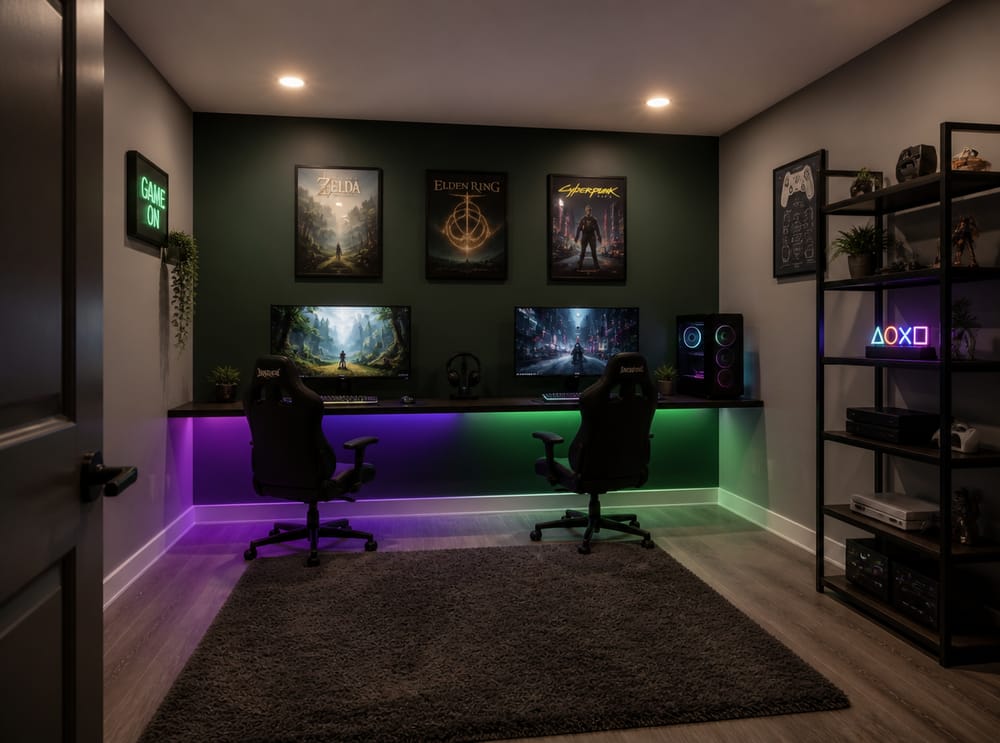 Escritorio gamer con doble monitor junto a la pared trasera