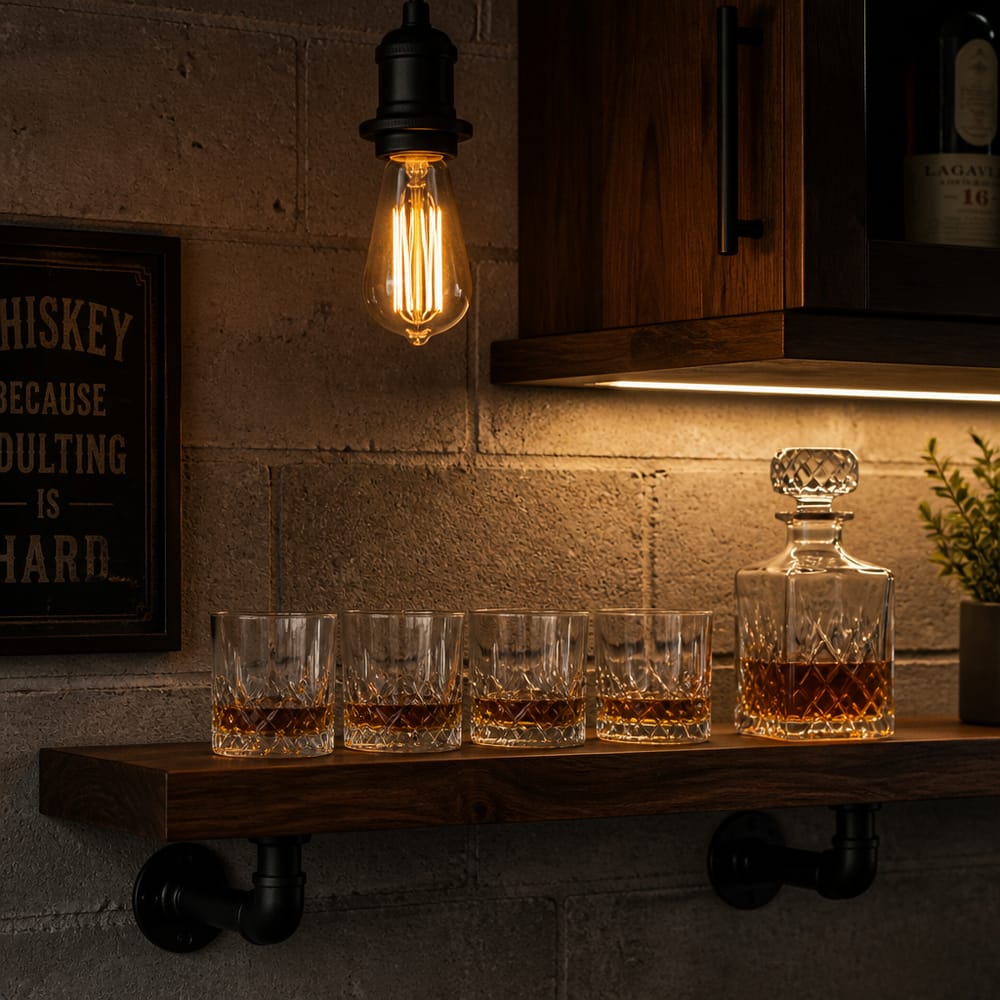 Repisa flotante de nogal con decantador de whisky
