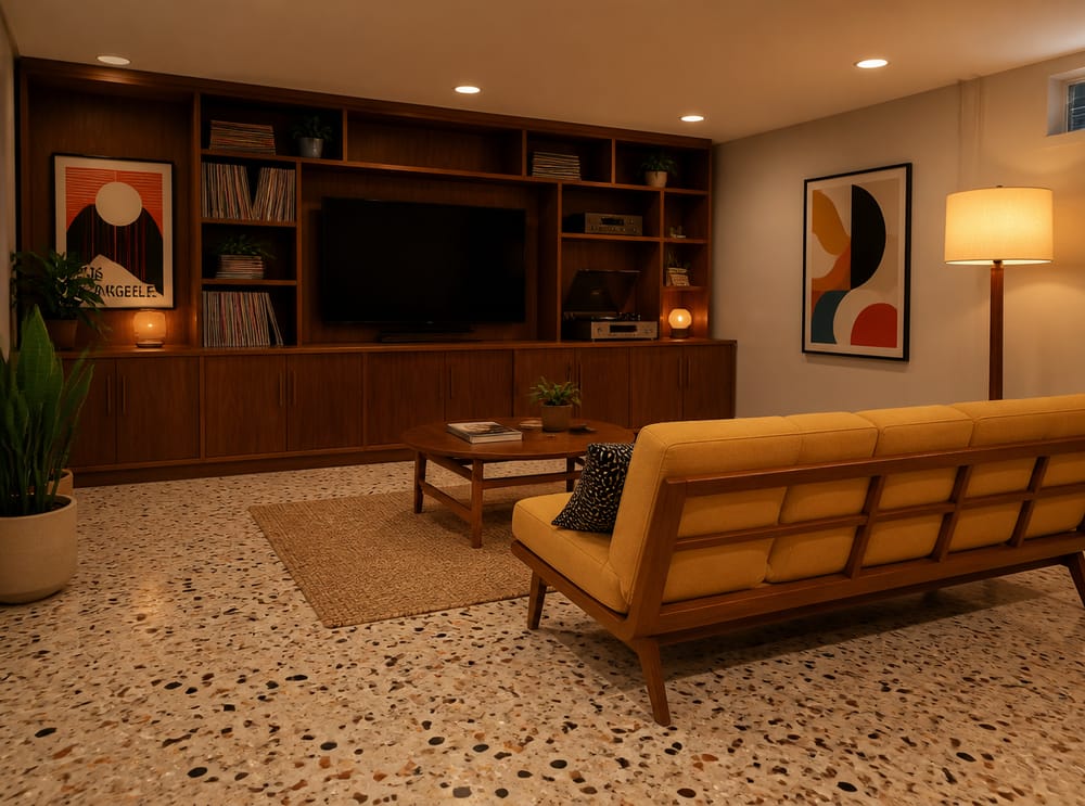 Muebles empotrados mid-century con tocadiscos y sofá de teca