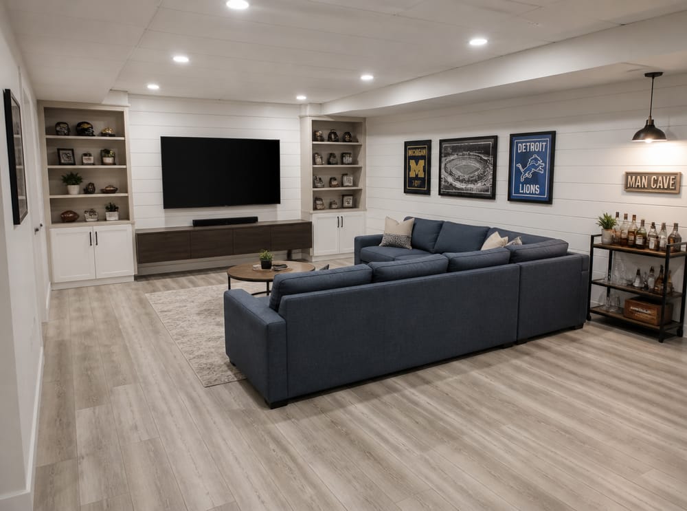 Sofá azul pizarra con pared de shiplap blanca