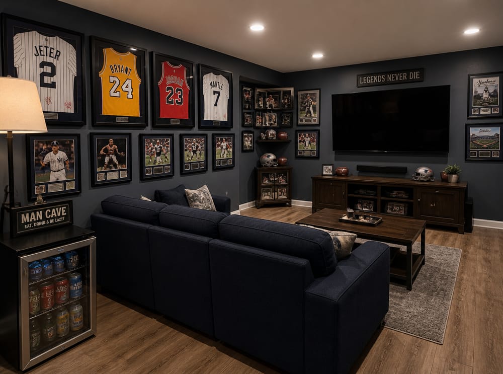 Paredes con memorabilia deportiva alrededor del sofá central