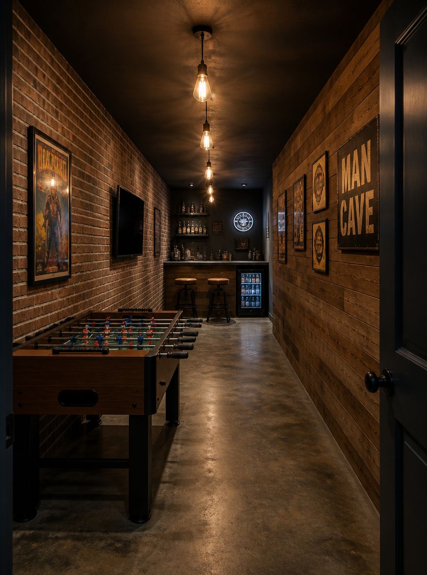 Sótano largo y estrecho con zona de futbolito y bar