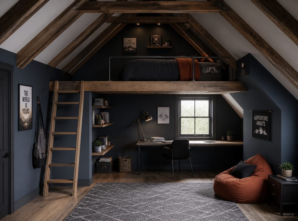 Loftseng over indbygget skrivebord nedenunder