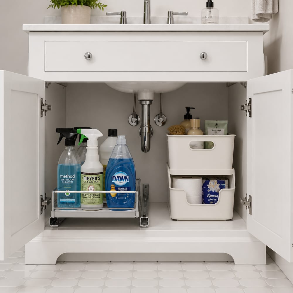Interior de mueble de lavabo con bandejas organizadoras extraíbles