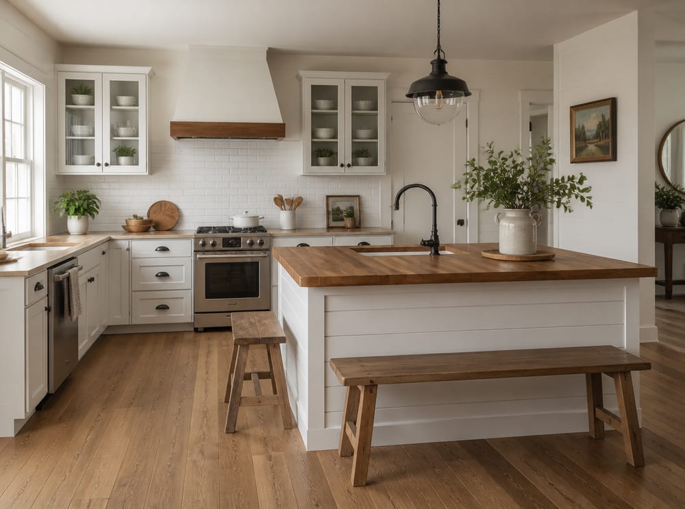 Base de península con shiplap, fregadero auxiliar y banco