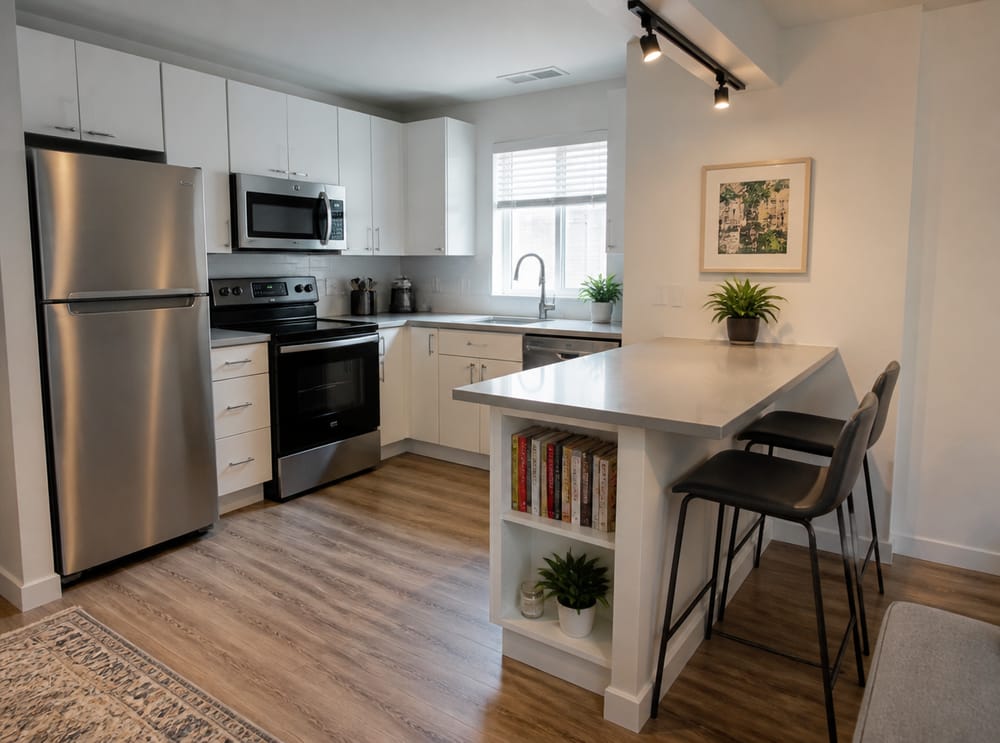 Península estrecha de apartamento que funciona como barra de desayuno