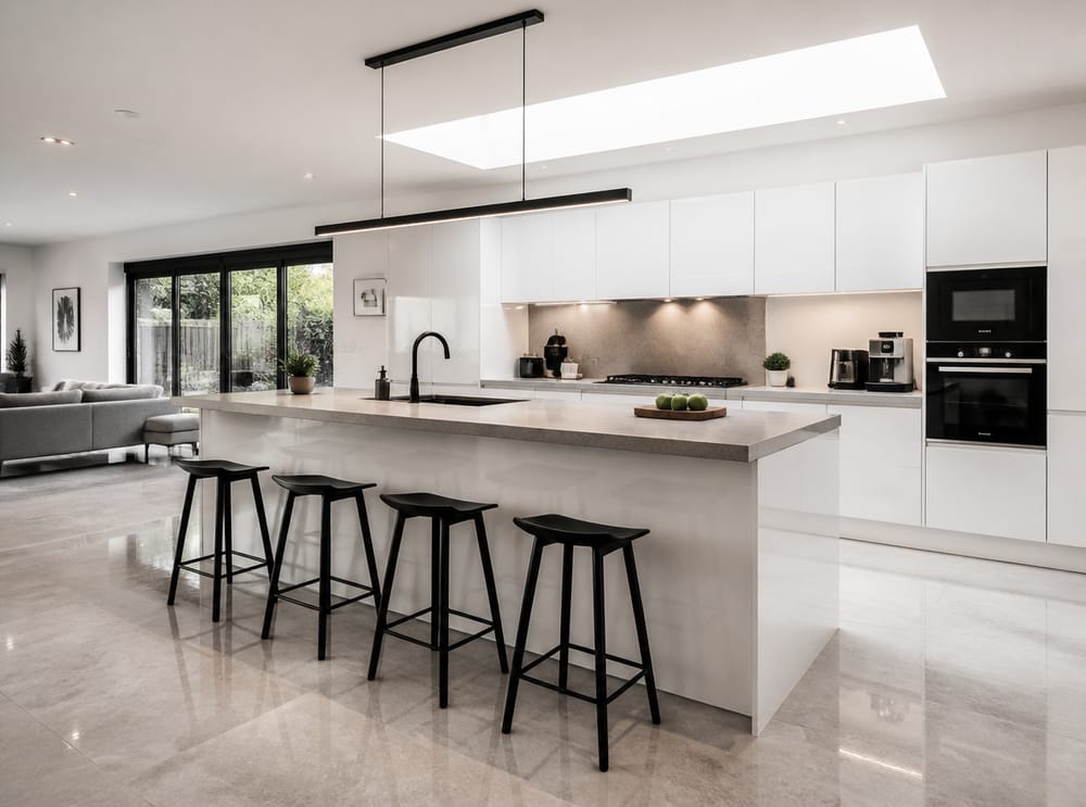 Península brillante push-to-open que divide cocina y salón