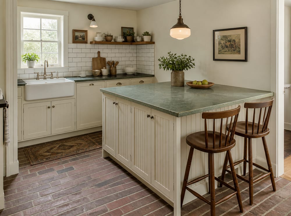 Península estilo cottage crema con puertas de gabinete de panel