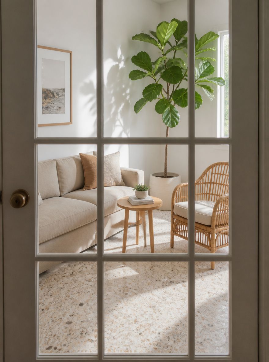 Rincón luminoso con silla de ratán y ficus lira
