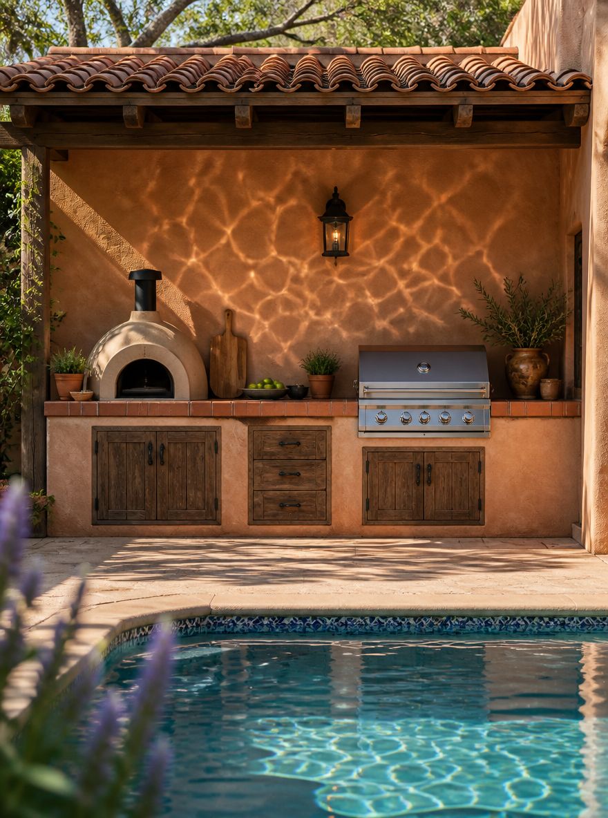 Poolhouse-keuken met pizzaoven en grill