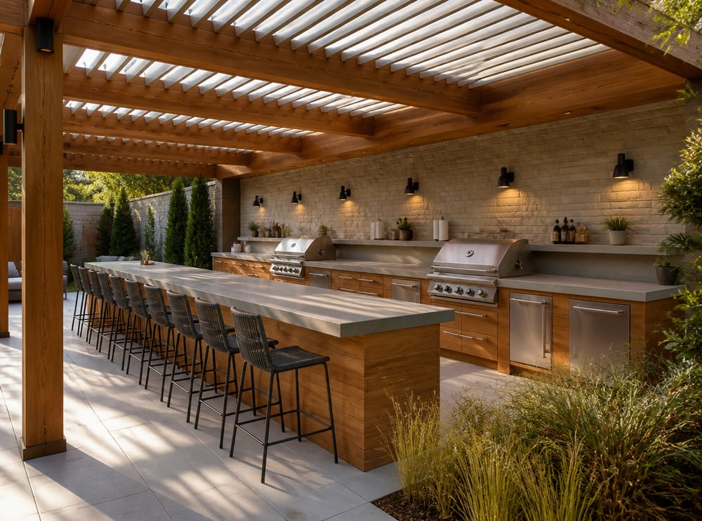 Dubbele grillhoek onder lamellenpergola