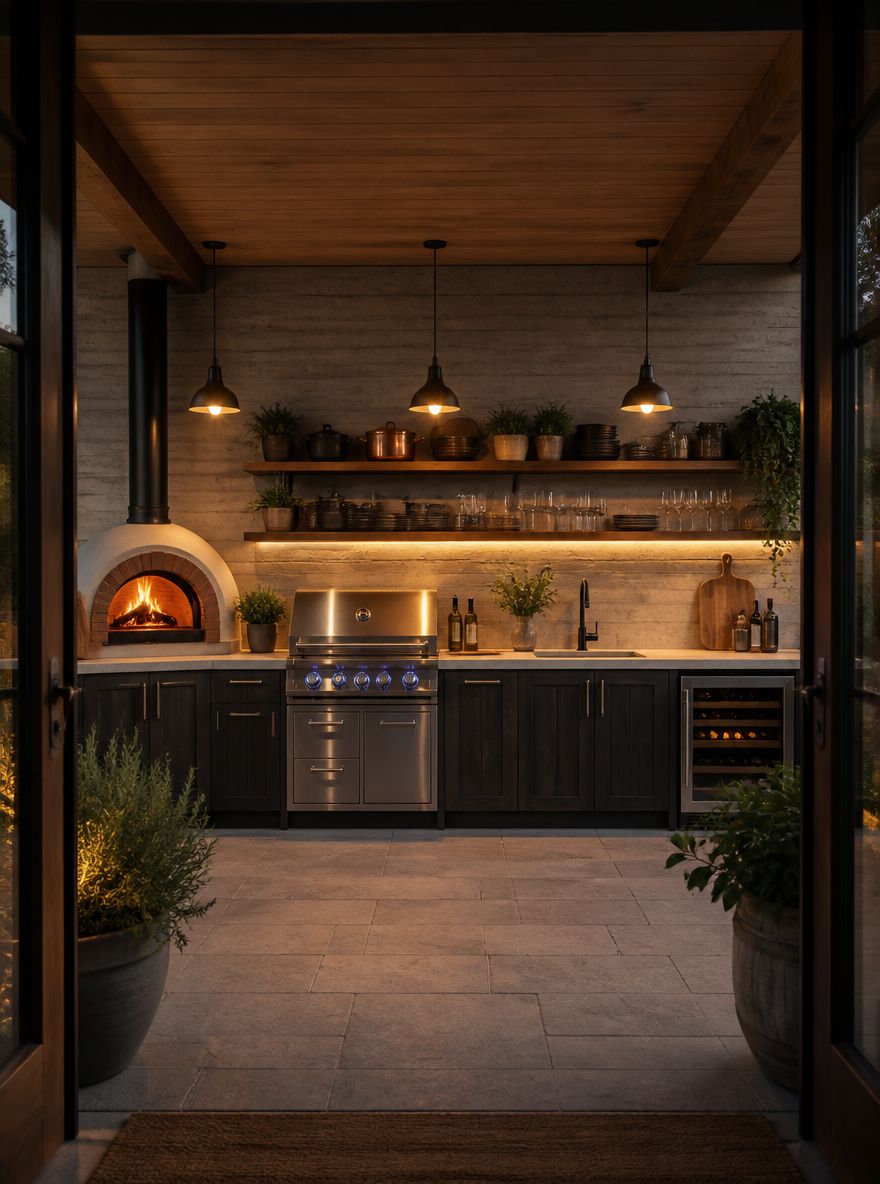 Keuken over volle wand met pizzaoven en wijnkoeler