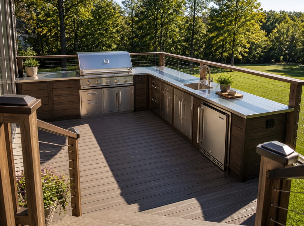 Keuken op hoekterras met kabelbalustrade en rvs-blad