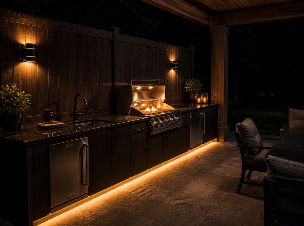 Nachtkeuken met grillvlam en LED-accenten
