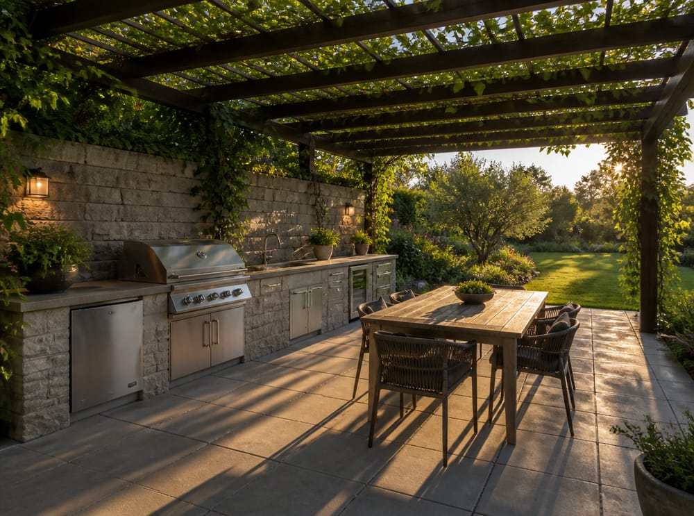 Voorbereidingsblad tegenover eettafel onder pergola met druivenranken