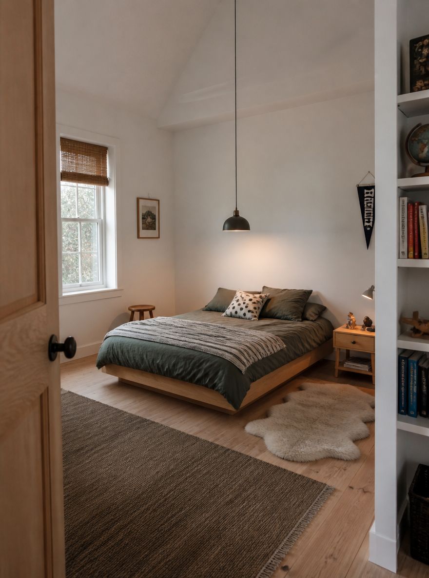 Nízká borovicová postel, závěsná lampa na dlouhém kabelu