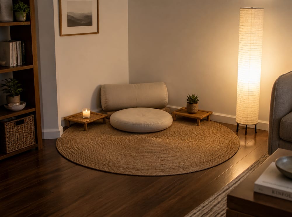 Corner floor setup on round natural fiber rug
