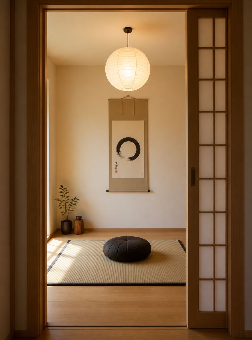 Tatami mat and scroll visible through open doorway