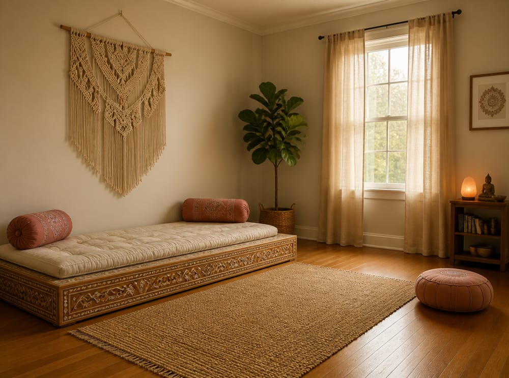 Low daybed platform against longest wall, macramé above
