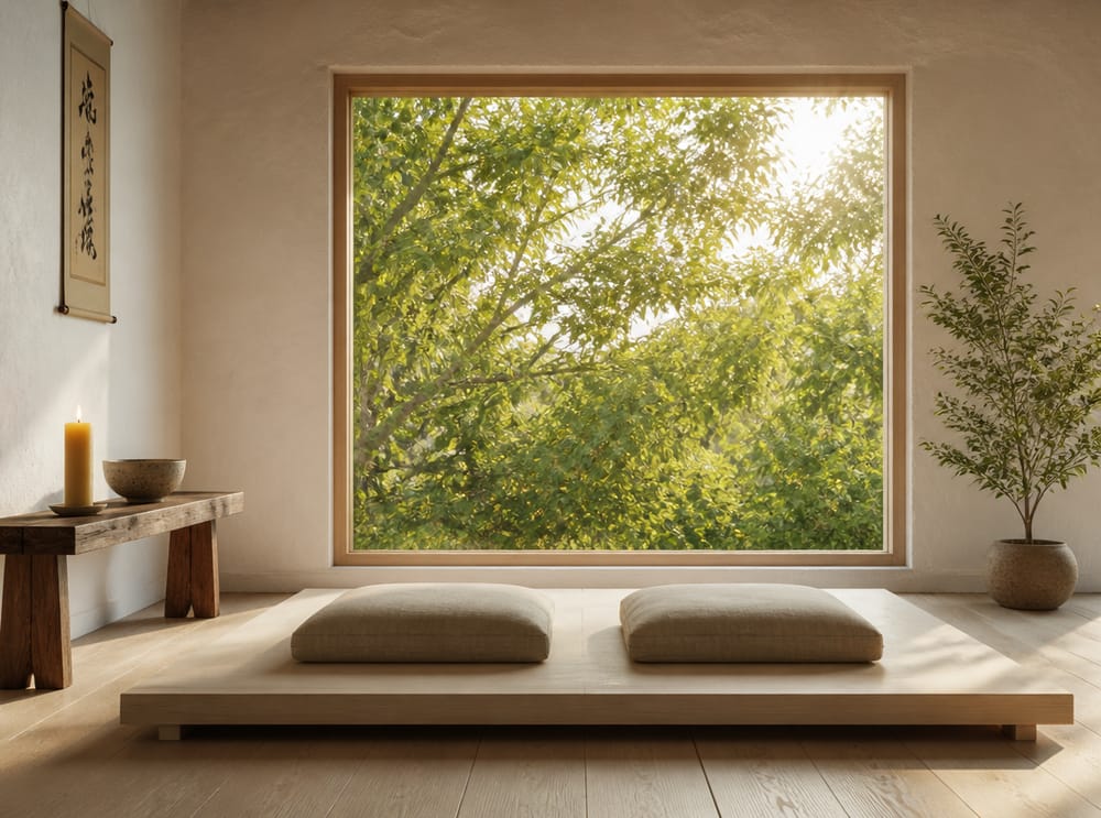 Birch platform seating facing east window, morning sun