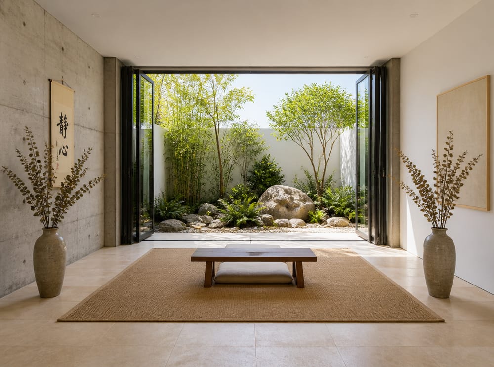 Hemp mat open to courtyard, dried eucalyptus beside
