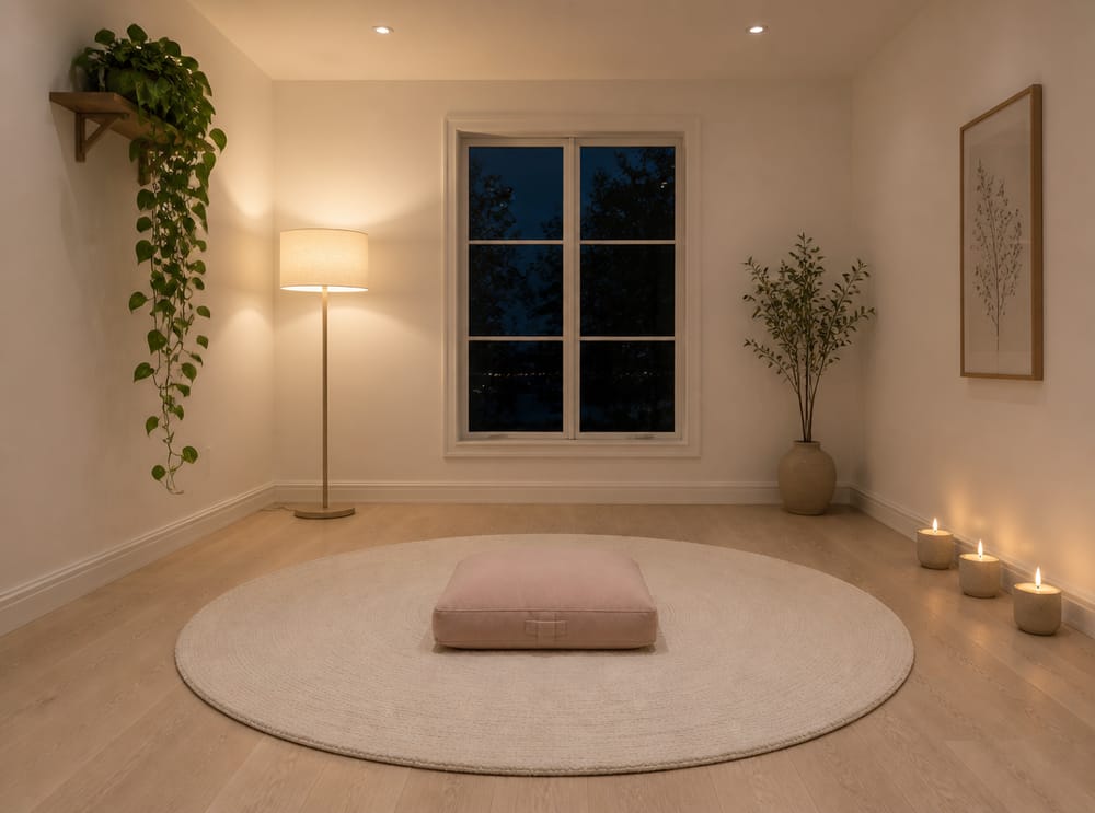 Layered candle and lamp light on blush cushion