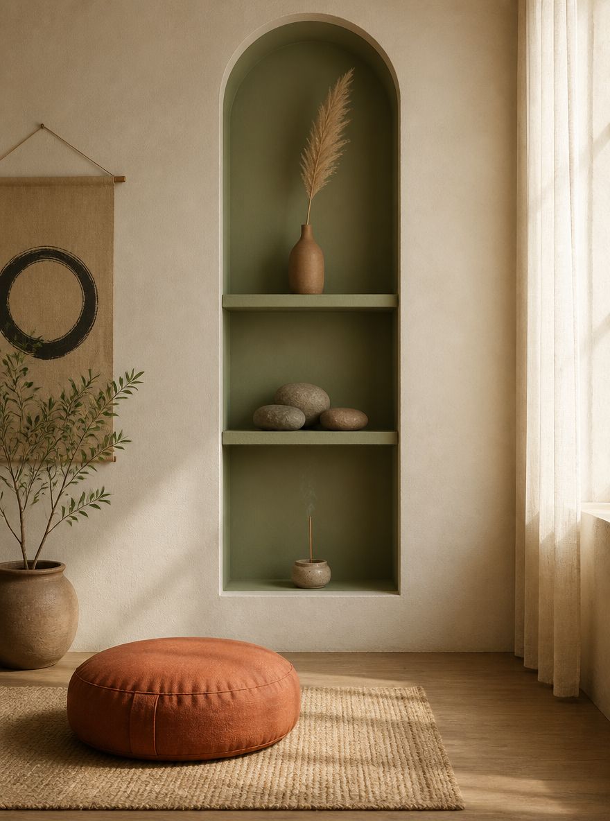 Sage niche with layered objects above rust cushion