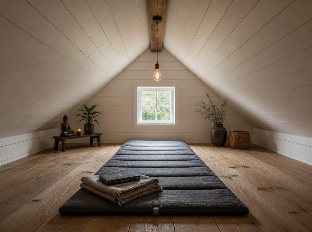 Attic meditation mat beneath raw ridge beam