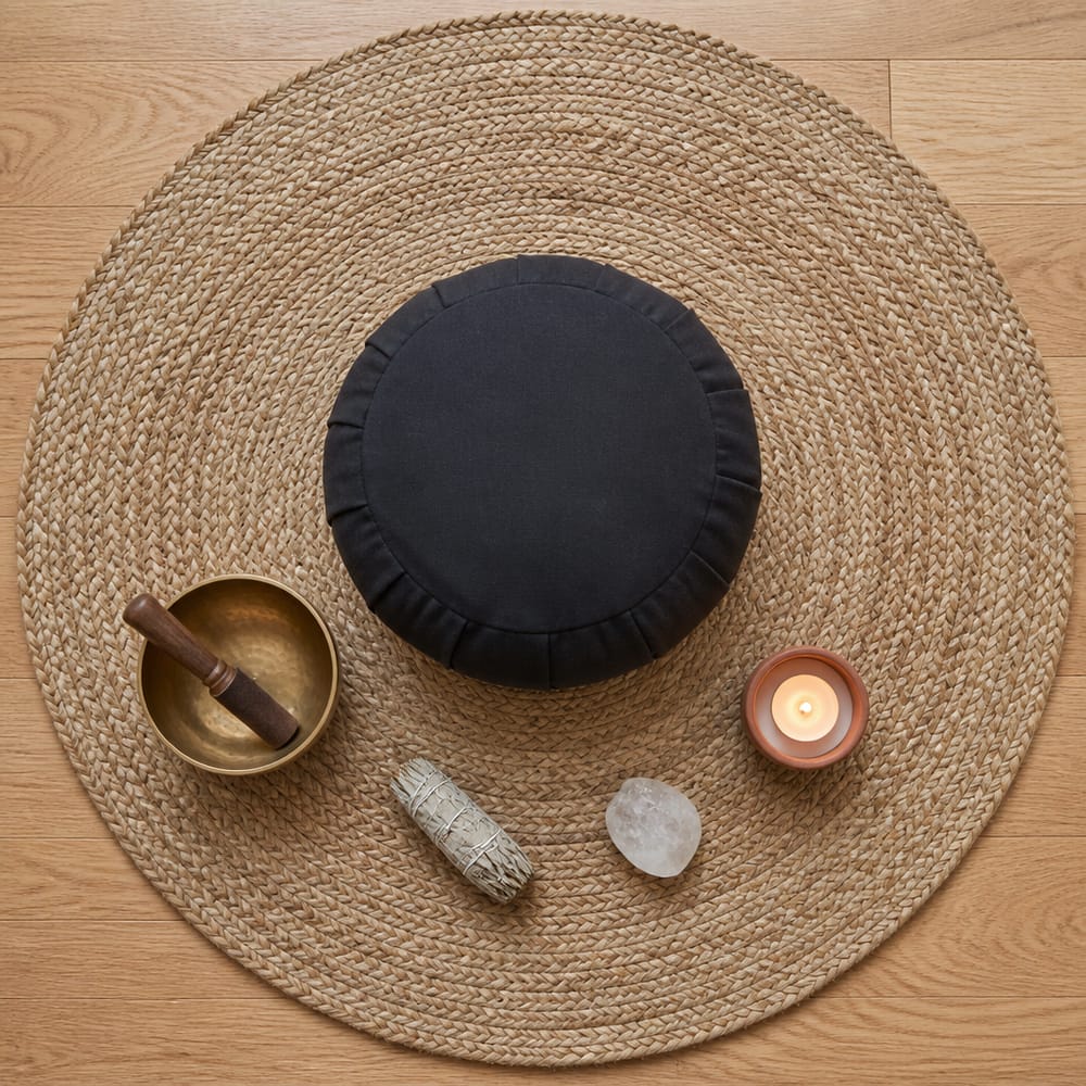 Overhead view of floor meditation arrangement on rug