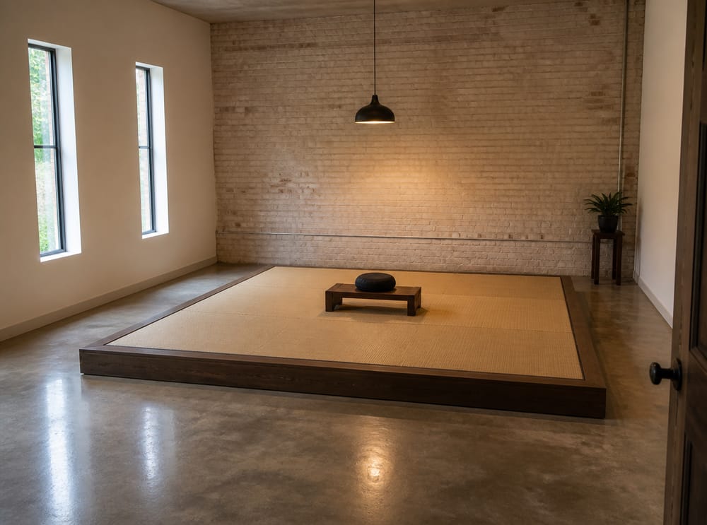 Walnut bench on tatami platform, exposed brick wall