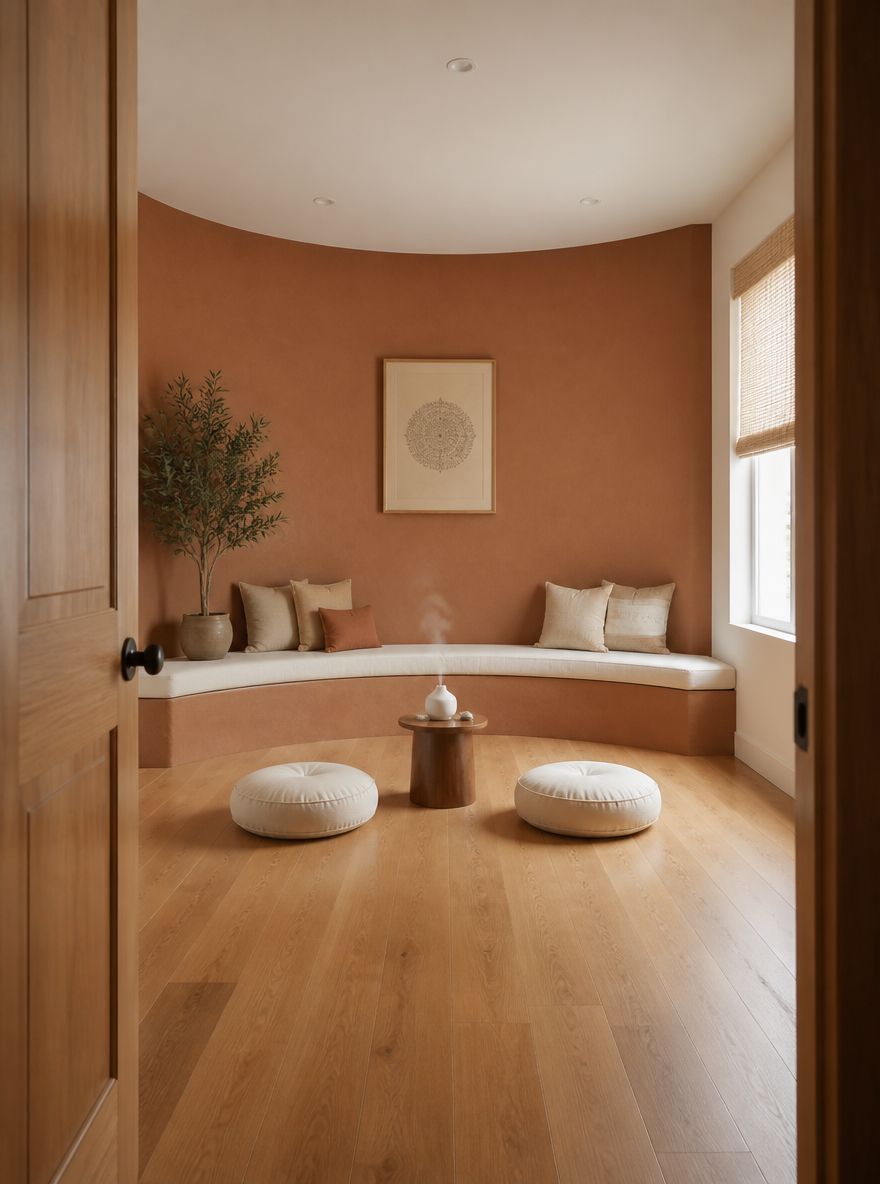 Curved terracotta wall with built-in canvas bench