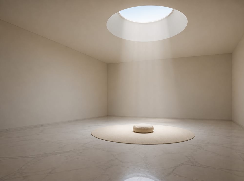 Skylight column of light on circular cotton mat
