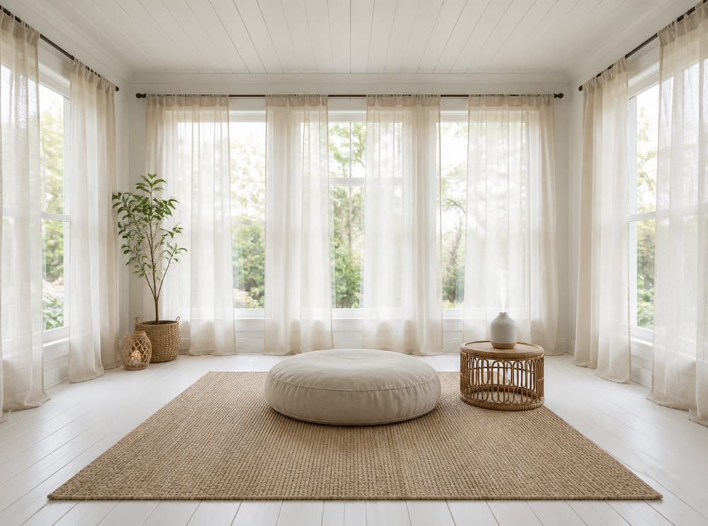 Round linen cushion centered in three-sided sunroom