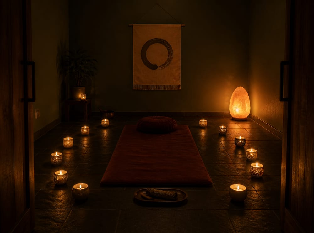 Candle arc around burgundy mat at dusk
