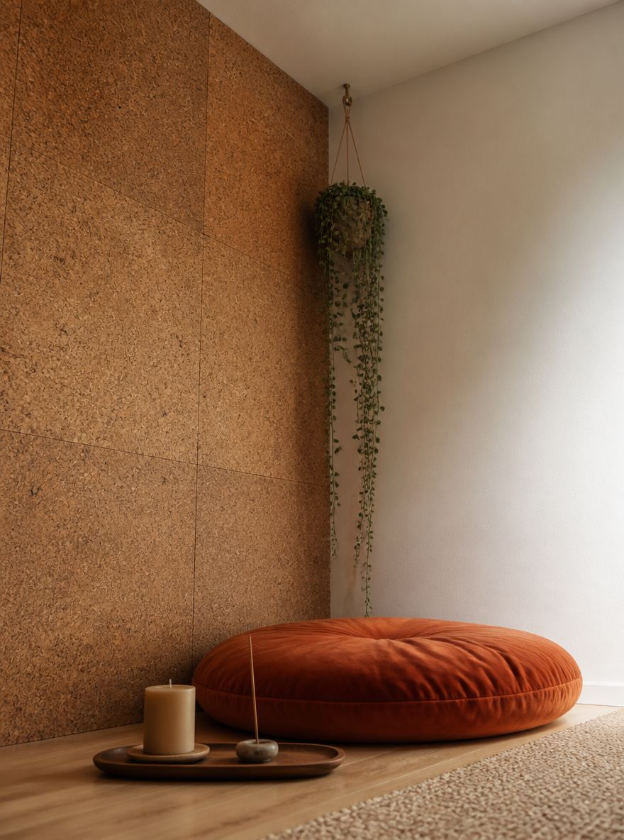Cork wall corner with burnt sienna velvet cushion
