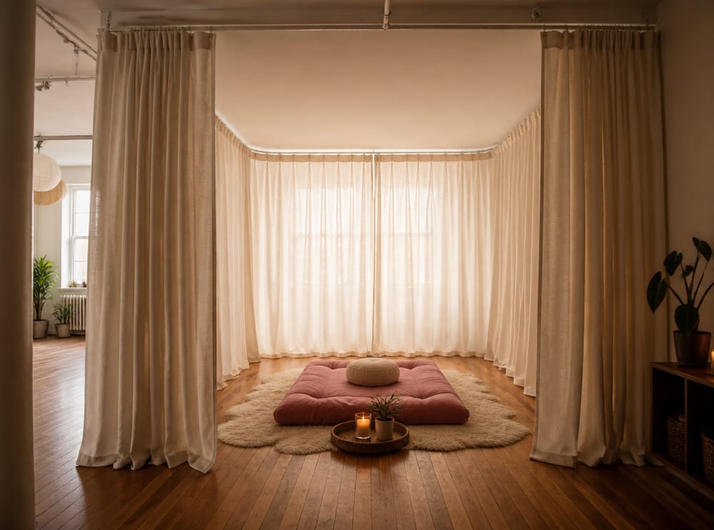 Curtain-enclosed meditation nook in open-plan room