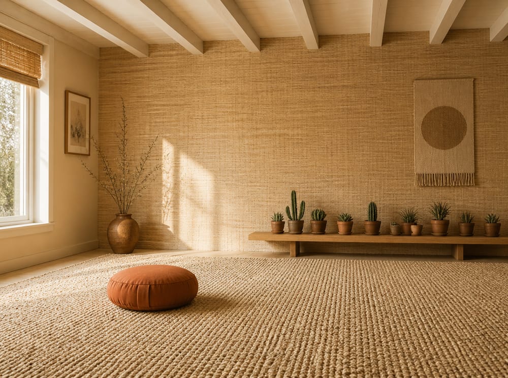 Chunky wool rug, grasscloth wall, succulent shelf