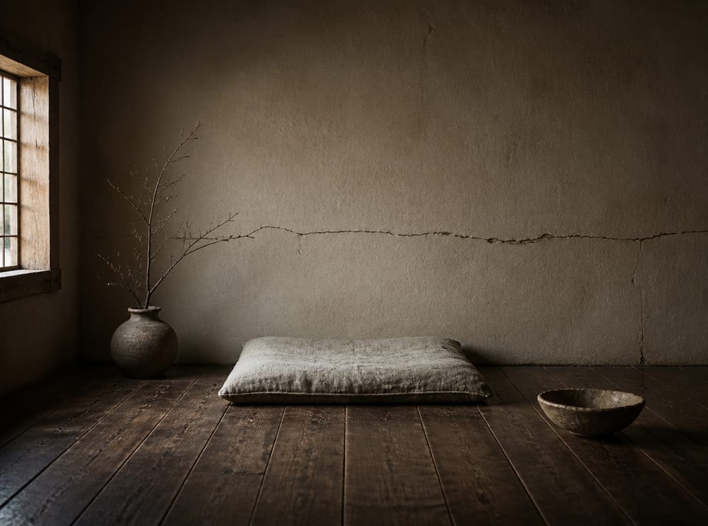 Worn linen cushion, aged plaster, bare twig vase