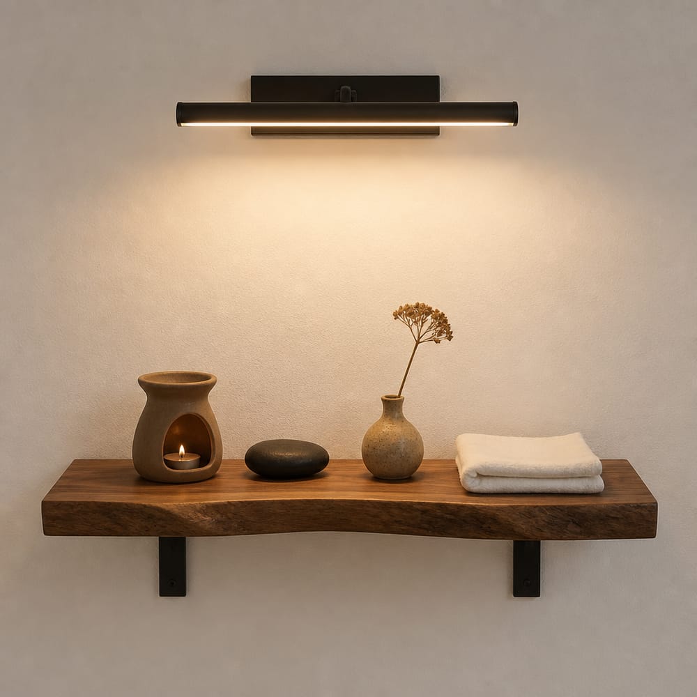 Live-edge walnut altar shelf, small objects arranged