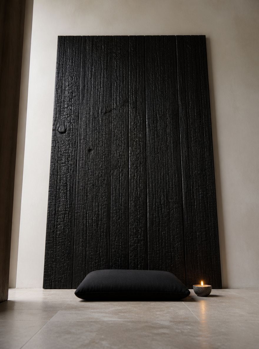 Charred wood panel behind black linen floor cushion