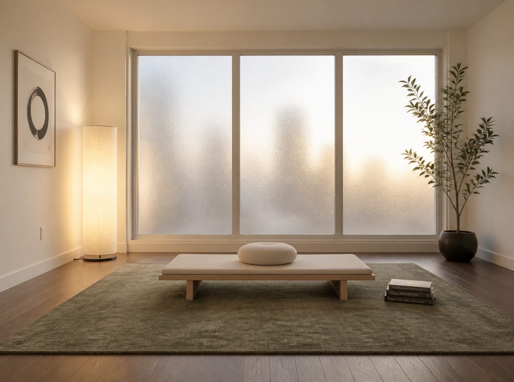 Ash bench on moss rug, frosted city-view window