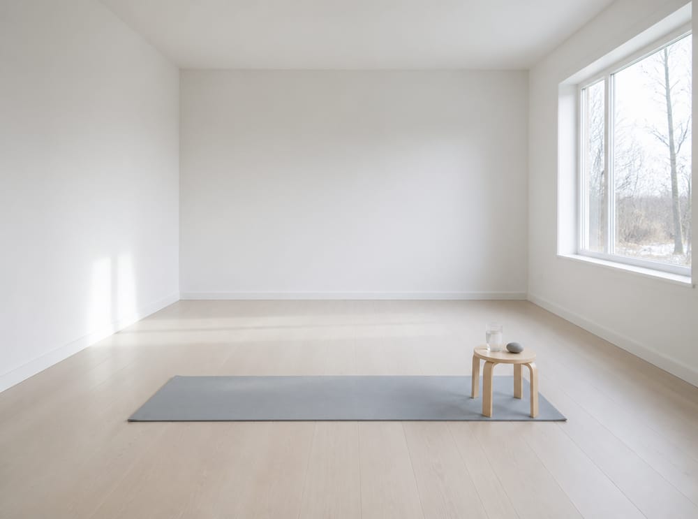 Spare gray mat on birch floor, northern daylight