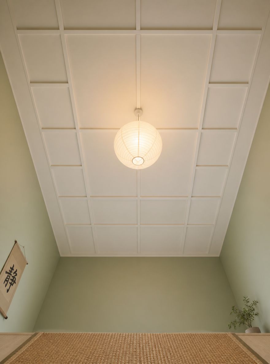 Ceiling wood batten grid with round paper pendant